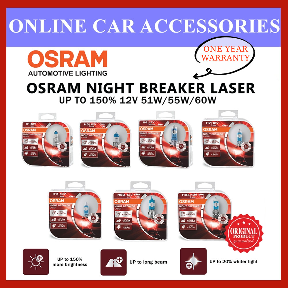 OSRAM H1 H3 H4 H7 H8 H11 9003 9005 9006 HB2 HB3 HB4 Halogen Night Breaker  Laser Next Generation 12V +150% Bright Car Lamps, Pair