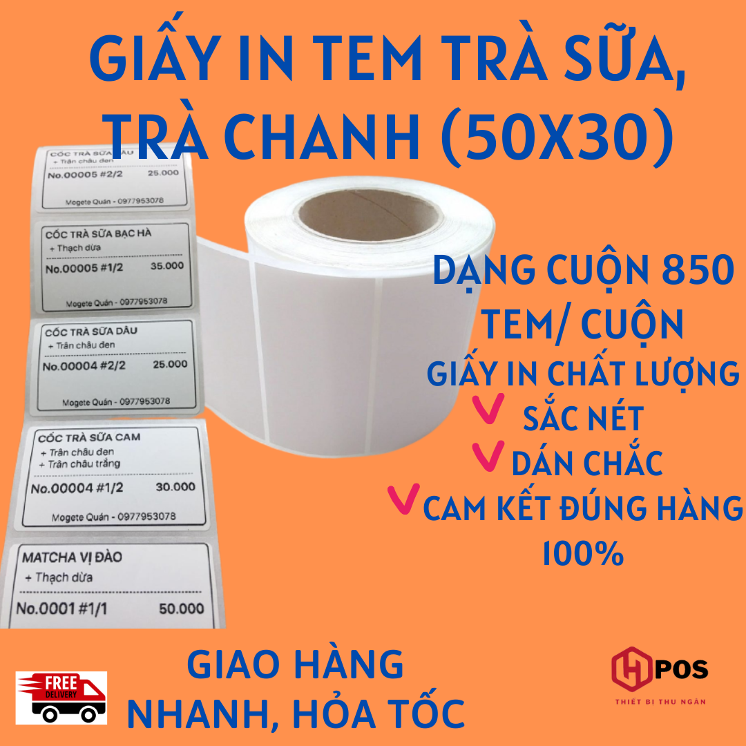 [RẺ VÔ ĐỊCH] Giấy in tem trà sữa, trà chanh khổ 50x30