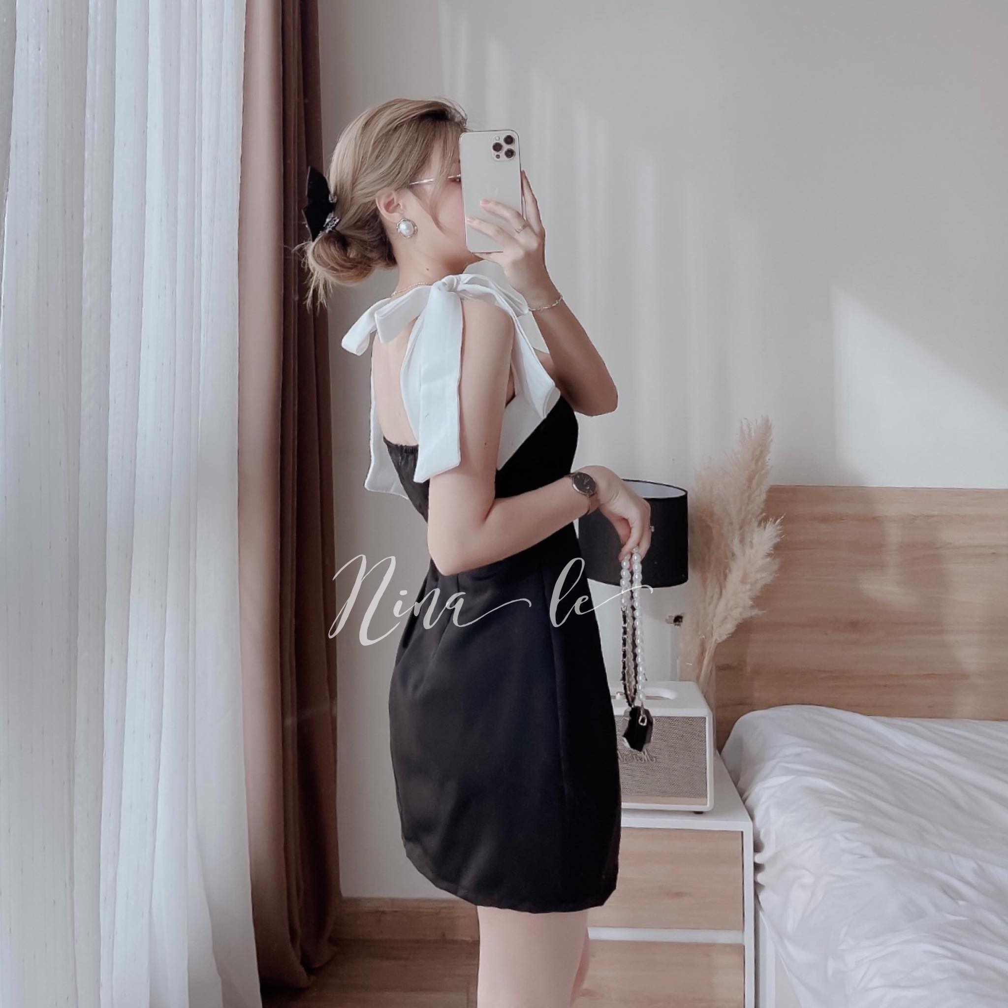 ĐẦM 2 DÂY THẮT NƠ TRẮNG/ĐEN UMI (CÓ MÚT NGỰC)