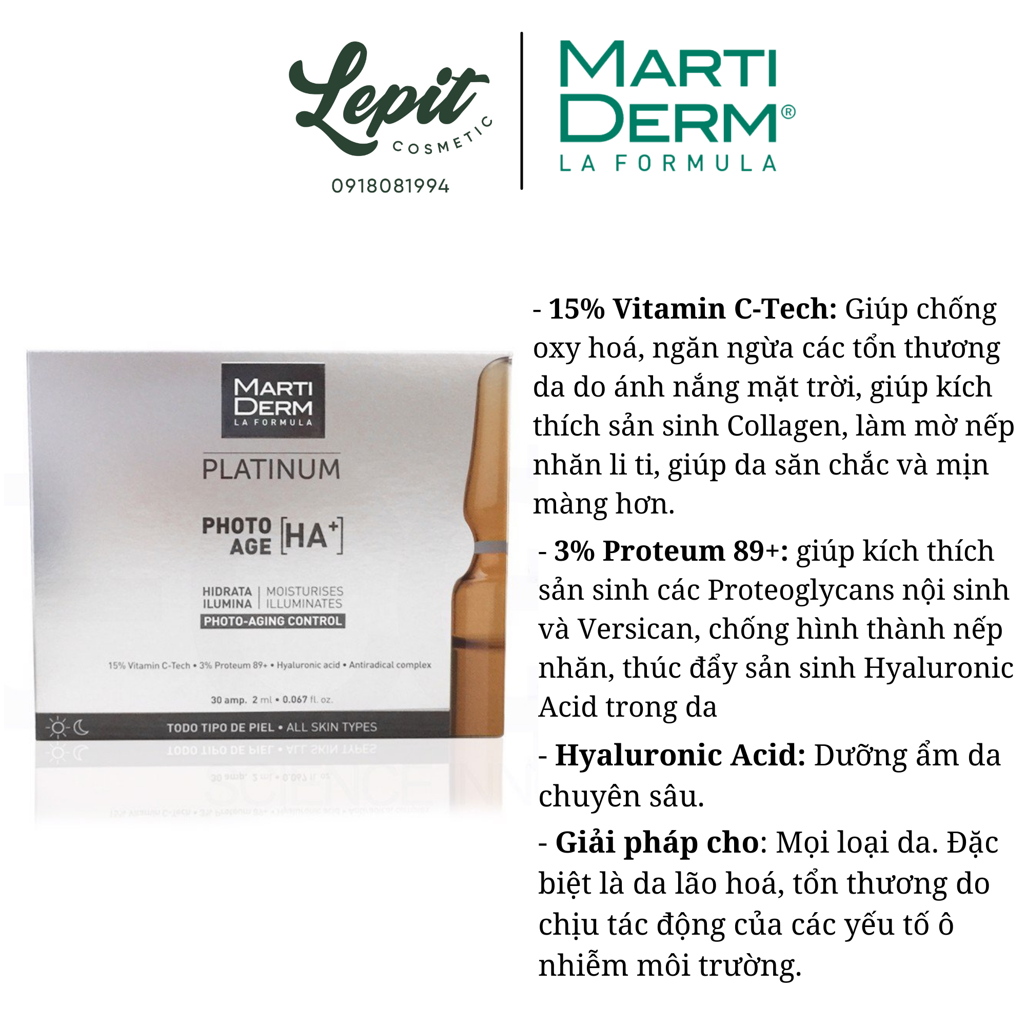 [Lepit Cosmetic] Tinh chất làm sáng da, chống lão hóa 15% Vitamin C Nguyên Chất -  MartiDerm Platinum Photo Age HA+