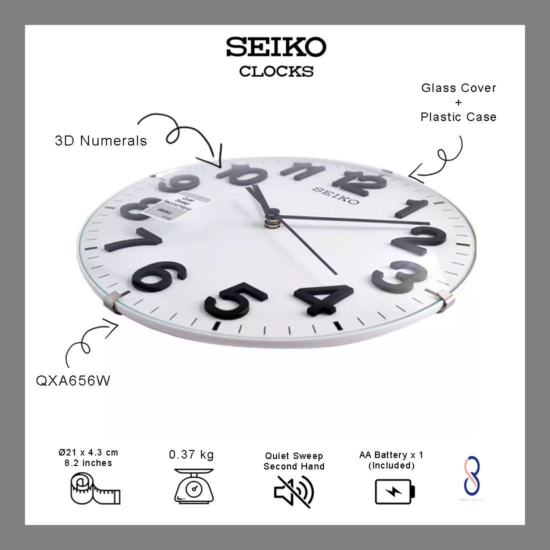 Seiko 3D Numerals Table / Wall Clock with Quiet Sweep Second Hand