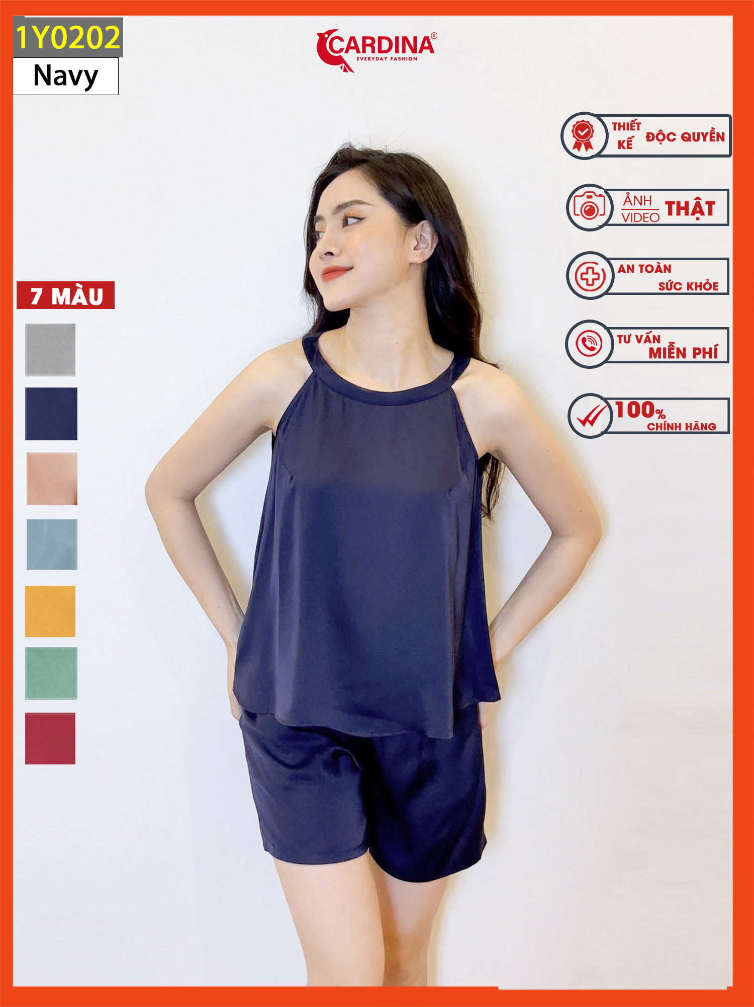 Đồ Bộ Nữ 𝐂𝐀𝐑𝐃𝐈𝐍𝐀 Chất Lụa Satin Nhật Cao Cấp Quần Đùi Áo Cổ Yếm 1Y02