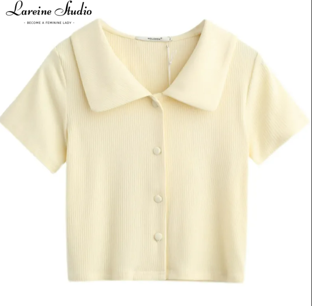 LAREINE Áo Thun Nữ Phong Cách Hàn Quốc Áo Polo Cổ Chữ V Dáng Ôm Áo Thun Ngắn Tay