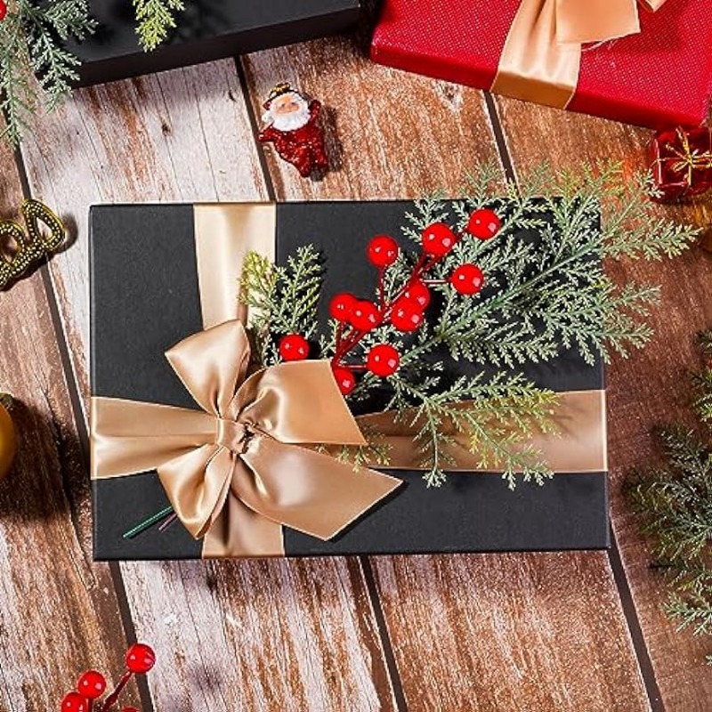 1PC Artificial Pine Leaves Branches with 8PCS Artificial Red Berry Stems Christmas Artificial Pine Branches Green Plants Pine Needles for DIY Christmas Garland Wreath Gift Decoration