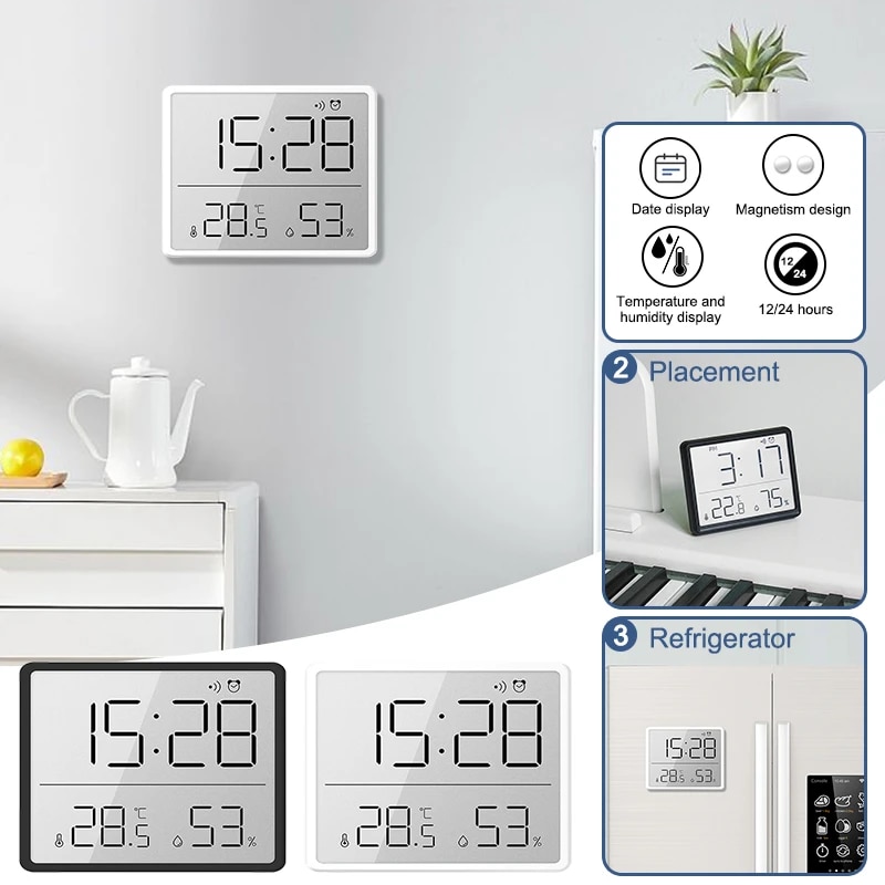 Magnetic LCD Digital Alarm Clock For Refrigerator Large Screen Date Temperature Humidity Display Wall Mounted Kitchen Clocks
