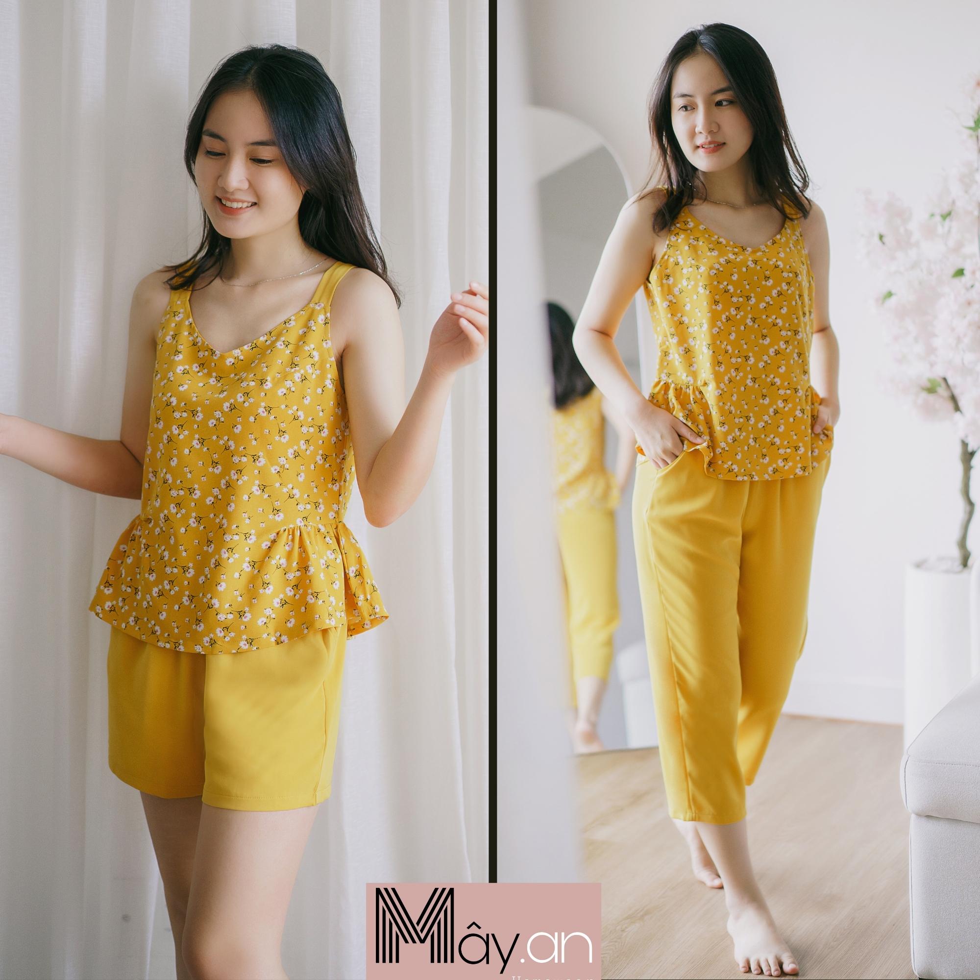 Đồ mặc nhà MÂY áo sát nách coup eo lụa Nhật hoa quần lụa Hàn quốc - Vàng