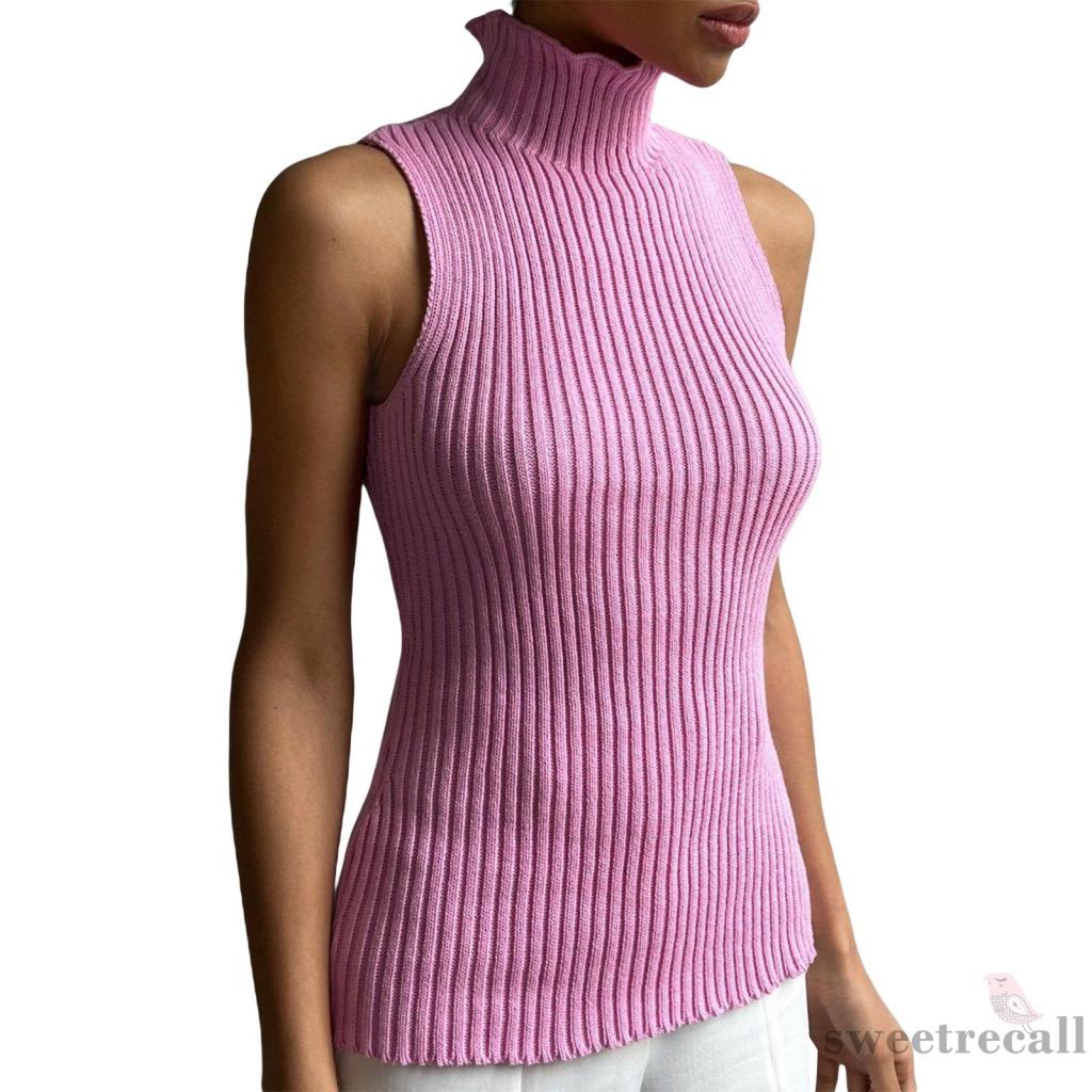 Áo sweater dệt kim sát nách cổ lọ thiết kế ôm sát tôn dáng