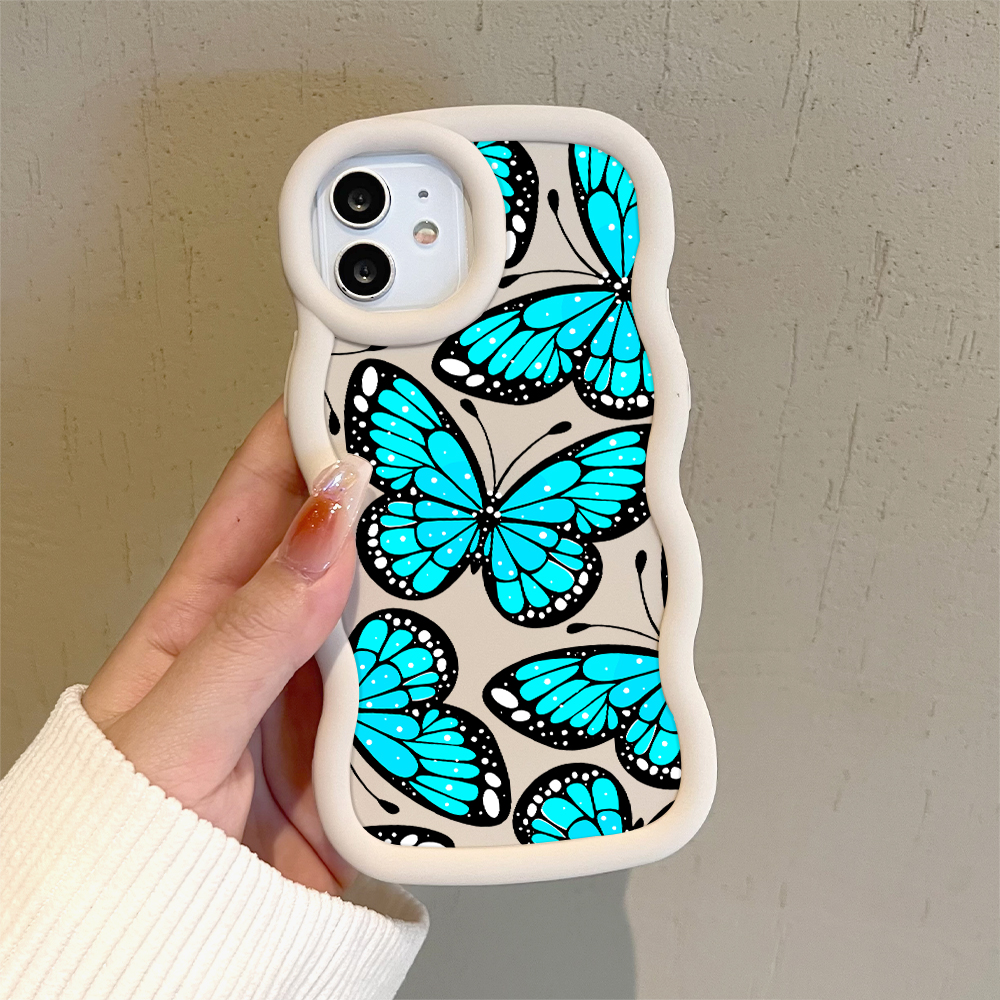 AMORVOR for OPPO A16 A16S A15 A15S A17 A17K Back Cover Sky Blue Butterfly Pattern Luxury Phone Case Macaron Wave Soft Silicone Mobile Cover.
