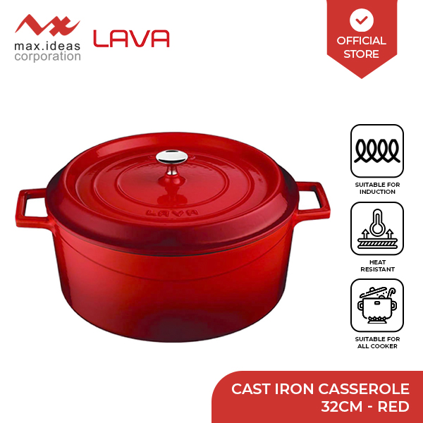 Lava Cast Iron 32cm 9.5 Quarts Red Casserole Cookware - Induction Ready ...