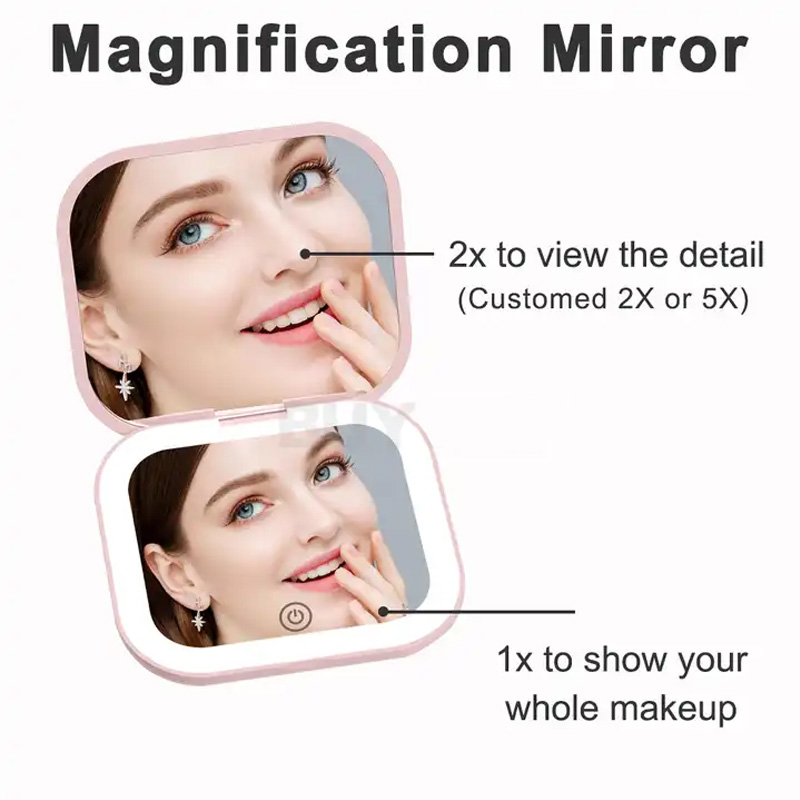 Compact Small Mini Gift Vanity Table Folding Led Lights Portable Hand Held Pocket Makeup Mirror 2X magnifying. 