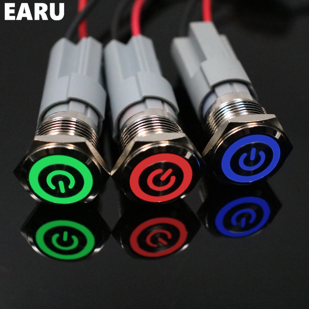 【TrendGlobe】16mm Metal Stainless Steel Momentary LED Horn Push Button Switch 5V 12V 24V 110V 220V Waterproof Car Auto Engine PC Power Start. 