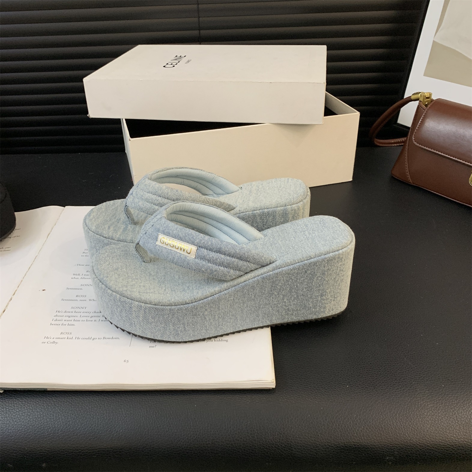 2024 New Fashion Denim Flip-Flops Muffin Thick-Soled Flip-Flops Wedge Sandals 7cm