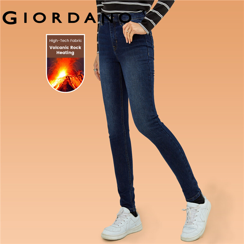 Giordano women denim jeans ykk zip fly high-tech volcanic rock heating denim jeans mid-rise five-pocket denim jeans 18411009