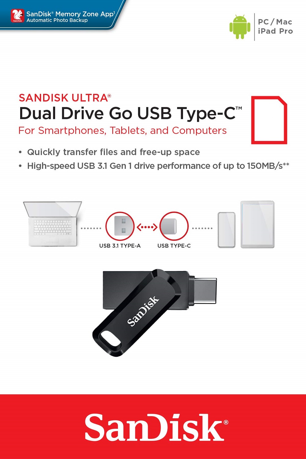 USB OTG Type-C SanDisk Ultra Dual Drive Go - 32GB
