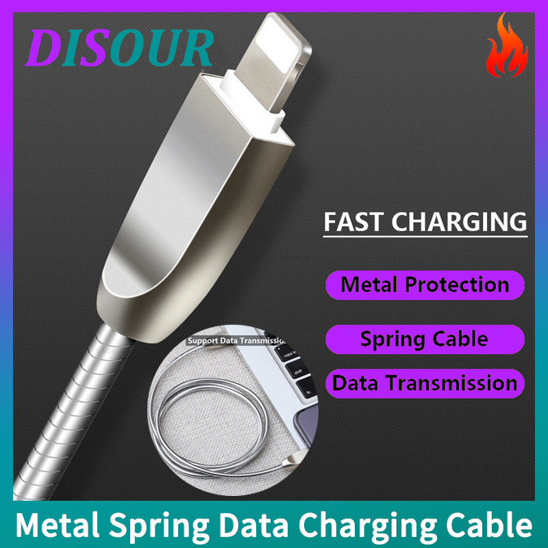DISOUR Metal Spring Data Charging Cable USB Type-C Lightning Micro-USB Fast Charger Cable Strong Protection For iPhone Xiaomi Huawei Samsung