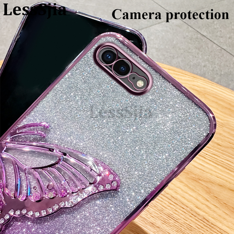Phone Cover Realme Note 60X Back case Diamonds butterfly holder shiny hourglass of quicksand transparent soft silicone For Realme Note 60X Phone cases.