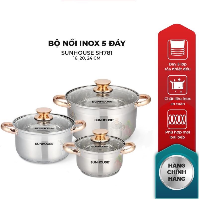 BỘ NỒI INOX 5 ĐÁY SUNHOUSE SH781