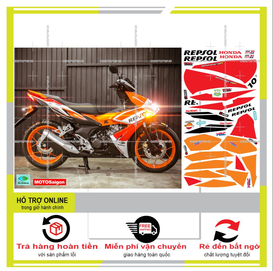 FREESHIP-- TEM RỜI WINNER X REPSOL DÁN XE TRẮNG CAM