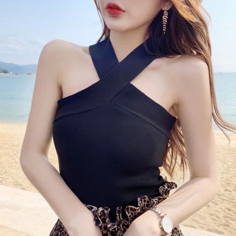(Siêu rẻ) Áo Cropto Cổ Yếm Đan Chéo Hàng đẹp co giãn 4 chiều