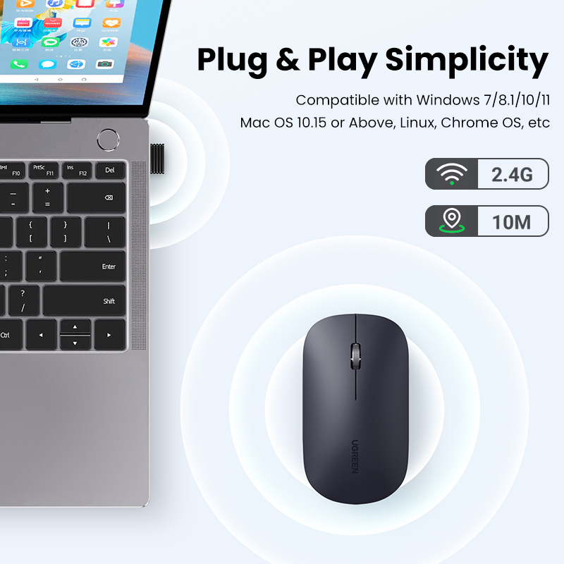 【2.4G】UGREEN MU001 Wireless Mouse 2.4G Silent Computer Mouse with USB Receiver, Ultra Slim Optical Cordless Wireless Mouse, 4000 DPI, Small Flat Portable Mice for PC, Laptop, Computer, Chromebook, MacBook Model:90372
