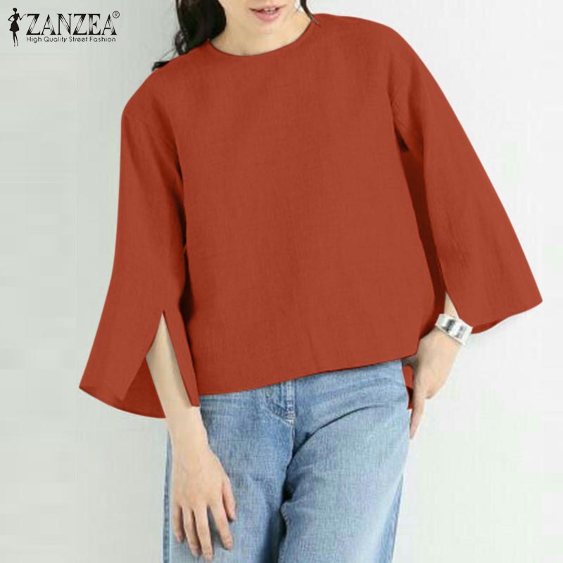Zanzea womens vintage loose o-neck pullover solid cotton linen 3/4 sleeve blouse #8