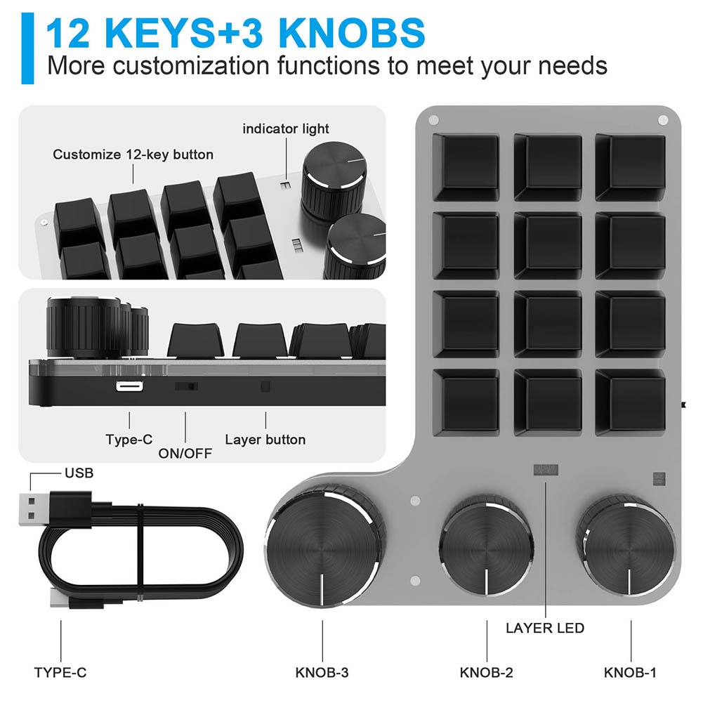 Wireless Bluetooth Programming Macro Custom Knob BT Keyboard RGB 12 Key Copy Paste Mini Button Gaming Keypad Mechanical Macropad