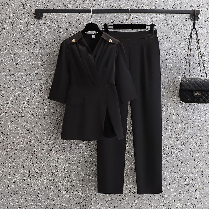 Elegant women slim suit jacket korean style high waist wide leg pants OL  two pieces set