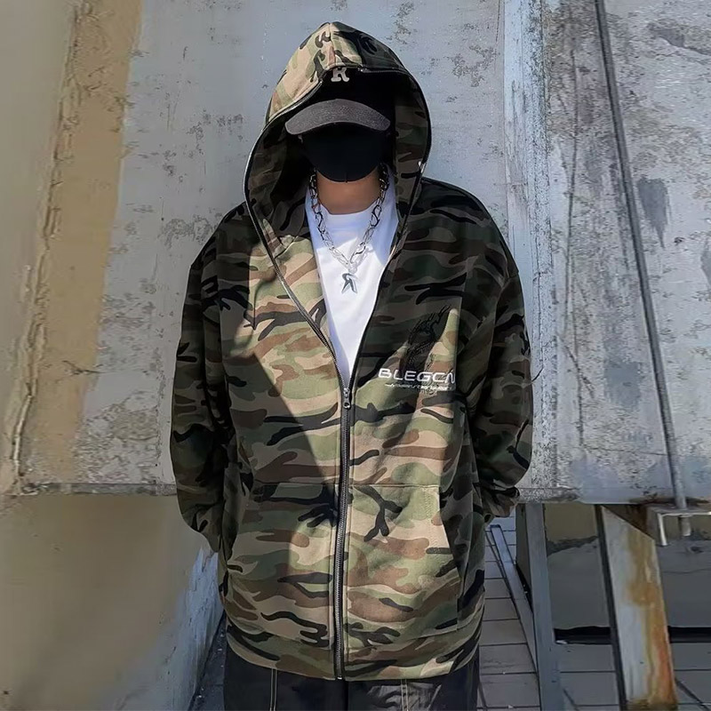 Men's Loose Casual Camo Print Hoodie Sweatshirt jacket with pockets