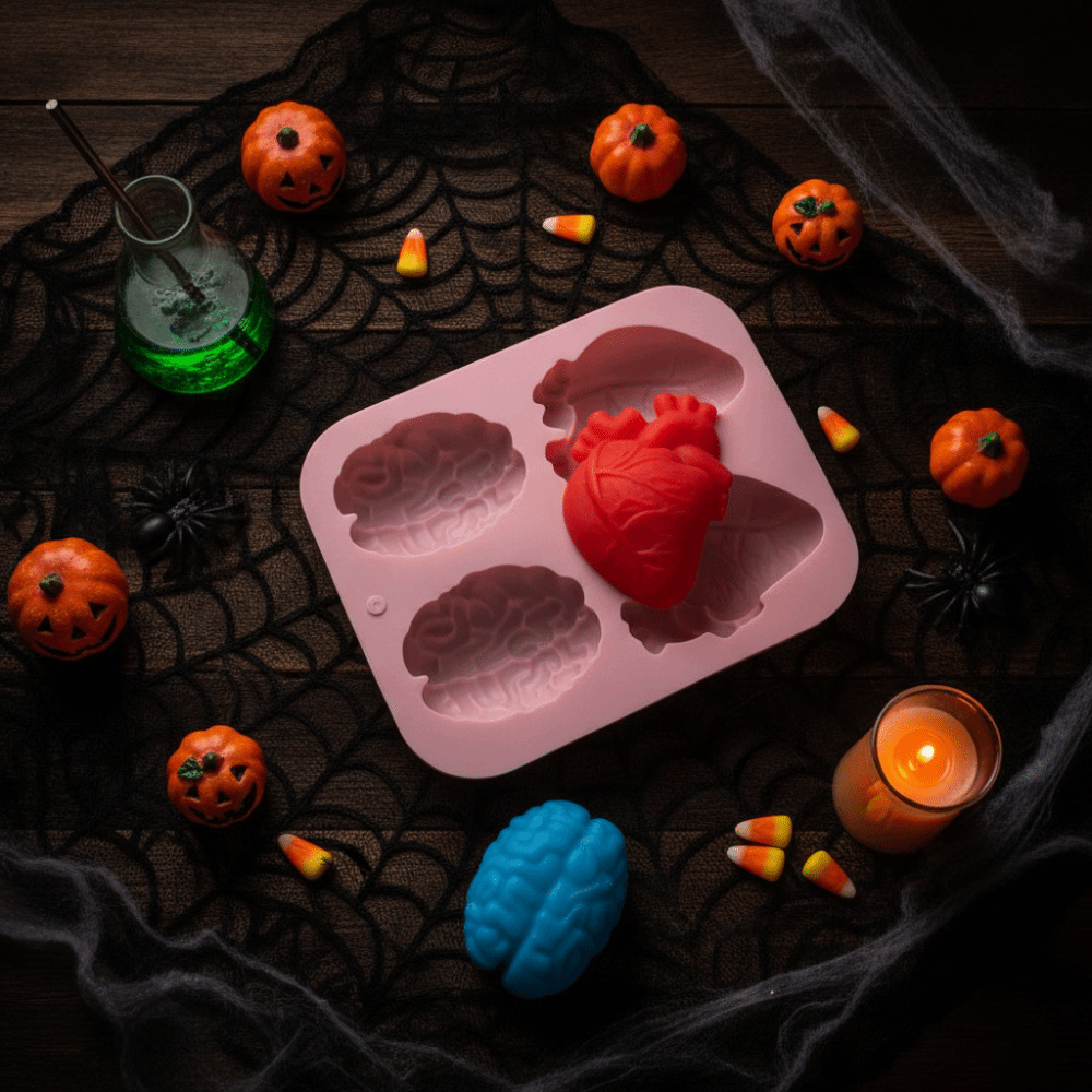 Multi-functional 4 Cavity Halloween Heart Brain Baking Mold Silicone Heat-resistant Organ Shape Baking Mold DIY 3D Ice Cube Tray Pudding.