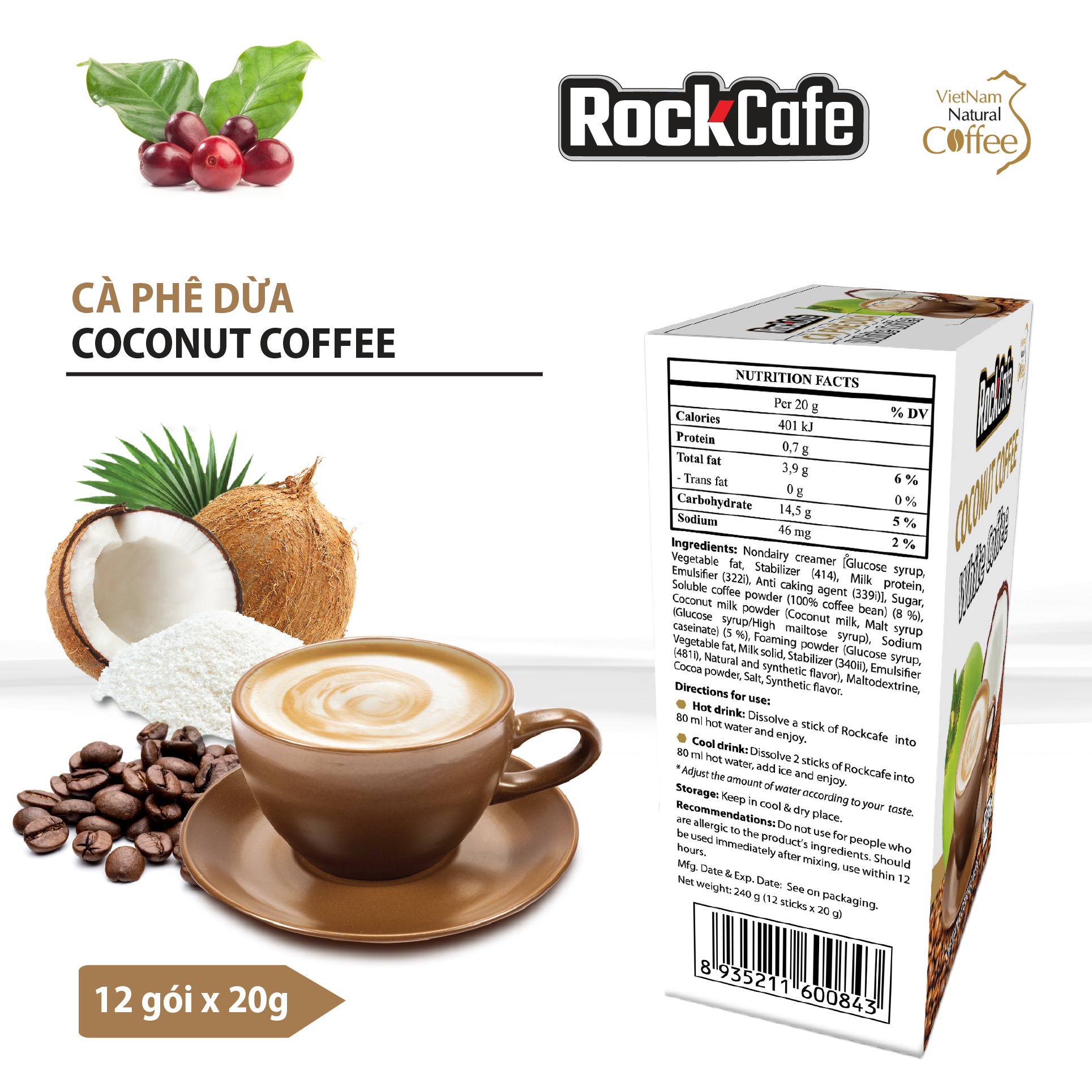 RockCafe - Cà phê hòa tan 3 trong 1 - Vị Dừa White Coffee độc đáo - Thơm ngon - Tinh khiết - Chuẩn vị cafe Việt -  Hộp 12 gói x 20 gr