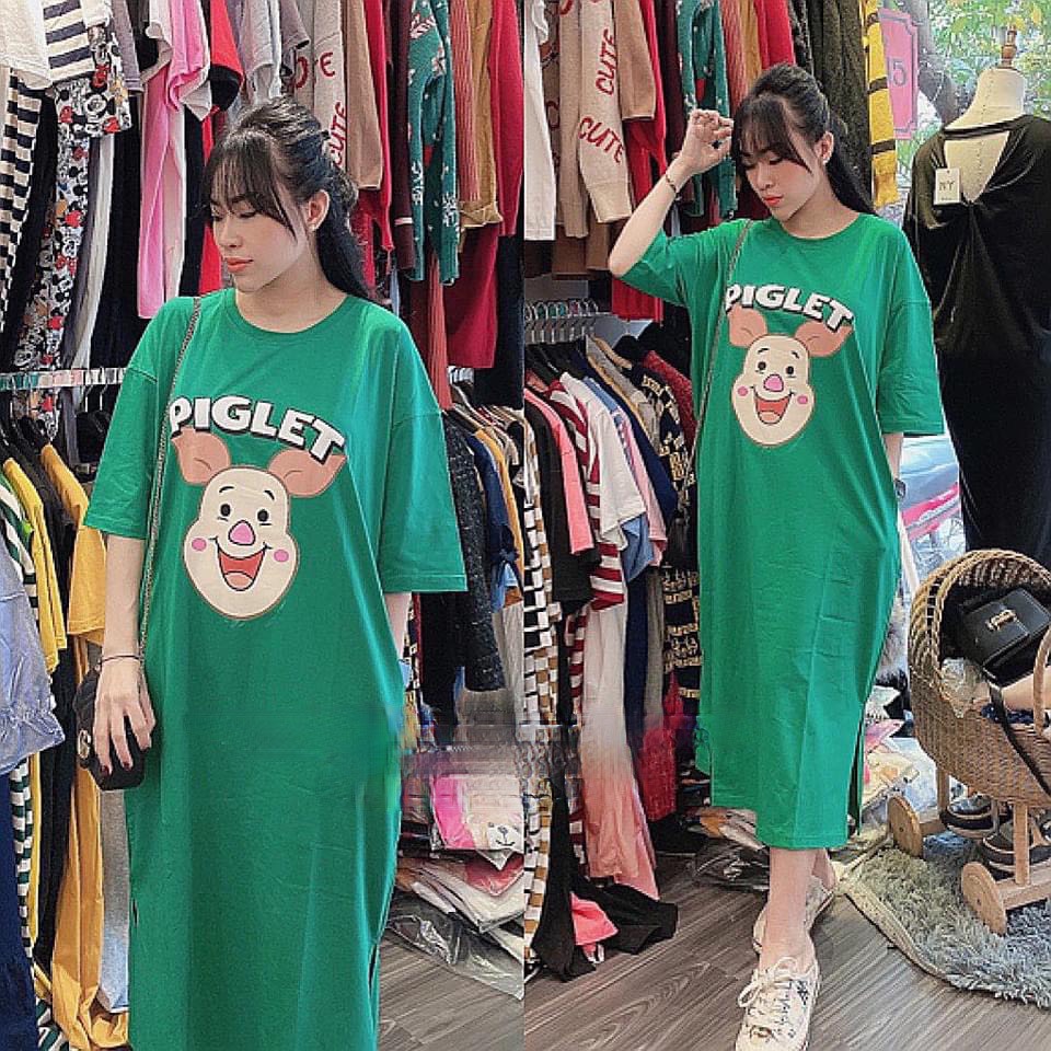 Đầm suông - váy suông - váy bầu heo piglet chất cotton form rộng đến 75kg dài 1.1m
