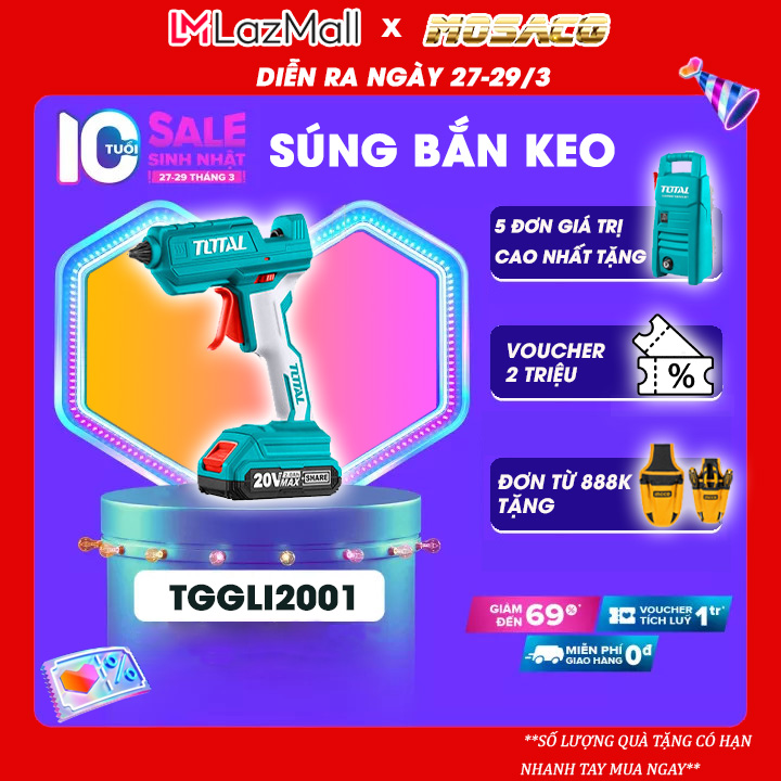Glue gun use lithium battery total TGGLI2001 voltage 20V (not included battery, charger). Pumping Device glue power 100W, ability to paste 13-18/min, diameter 11.2mm, 2 glue adhesive 11.2mm, heating time 60g warranty 3 month-mosaco