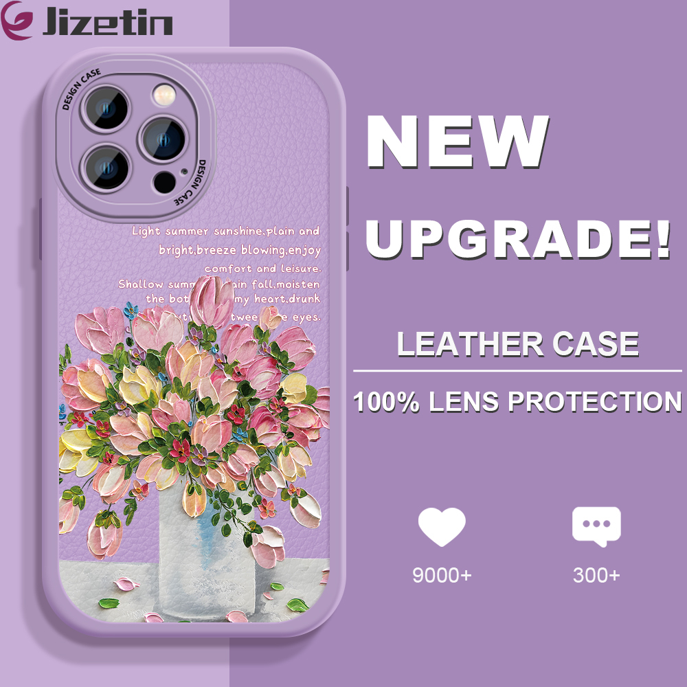 Jizetin Leather Case For iPhone 14 Plus iPhone 14 iPhone 14 Pro iPhone 14 Pro Max Slim Cartoon Flowers Leather Back Casing PU Leather Cover Phone Case