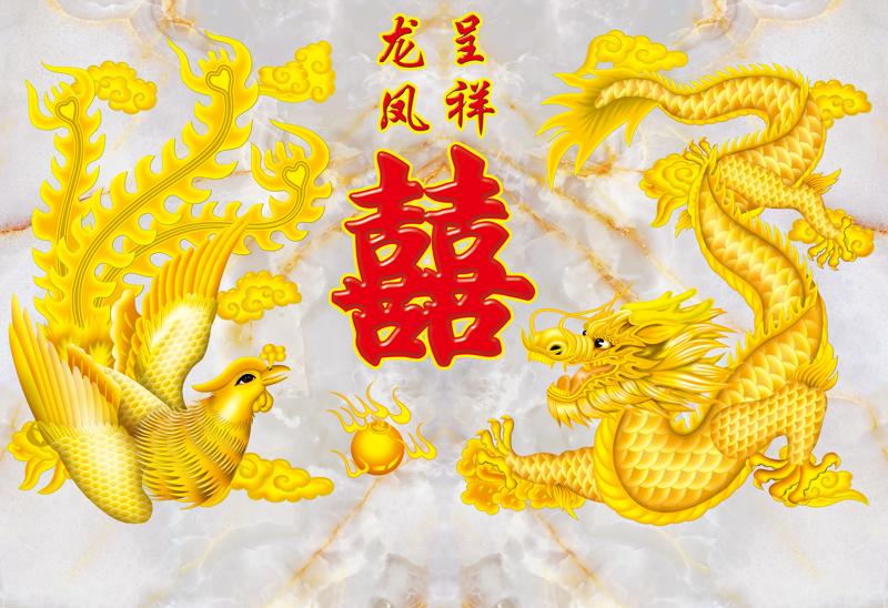 Tranh dán tường Rồng phụng song hỷ ZTU-Vol 5 VTC in PP kim sa nhiều kích thước