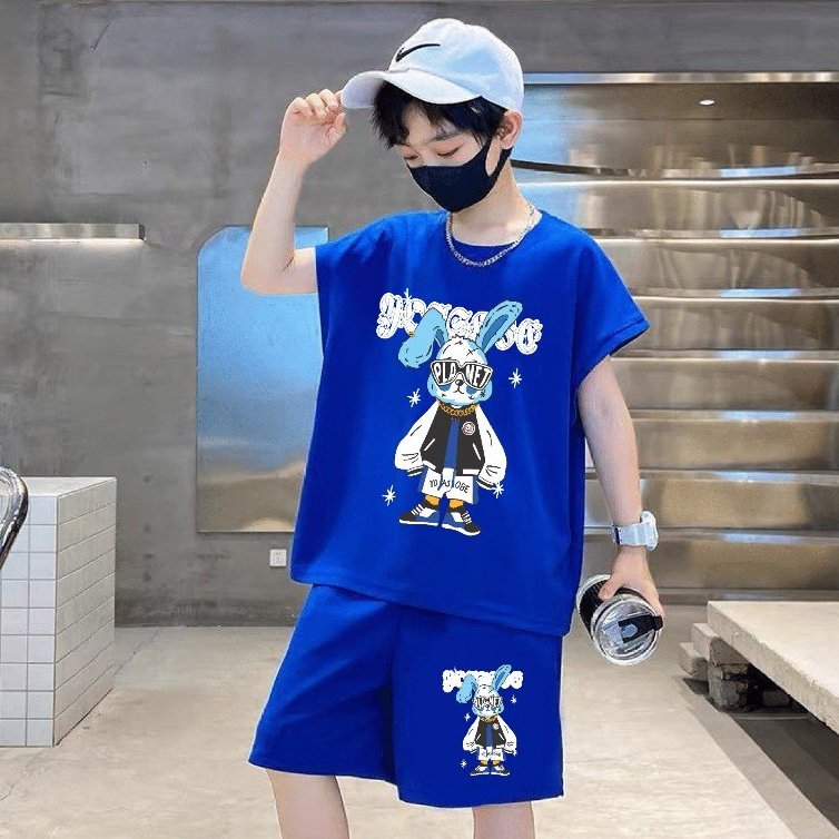 Bộ đồ sát nách thun cotton lạnh 4 chiều hình in chú thỏ tai blue cho bé trai từ 13-50kg