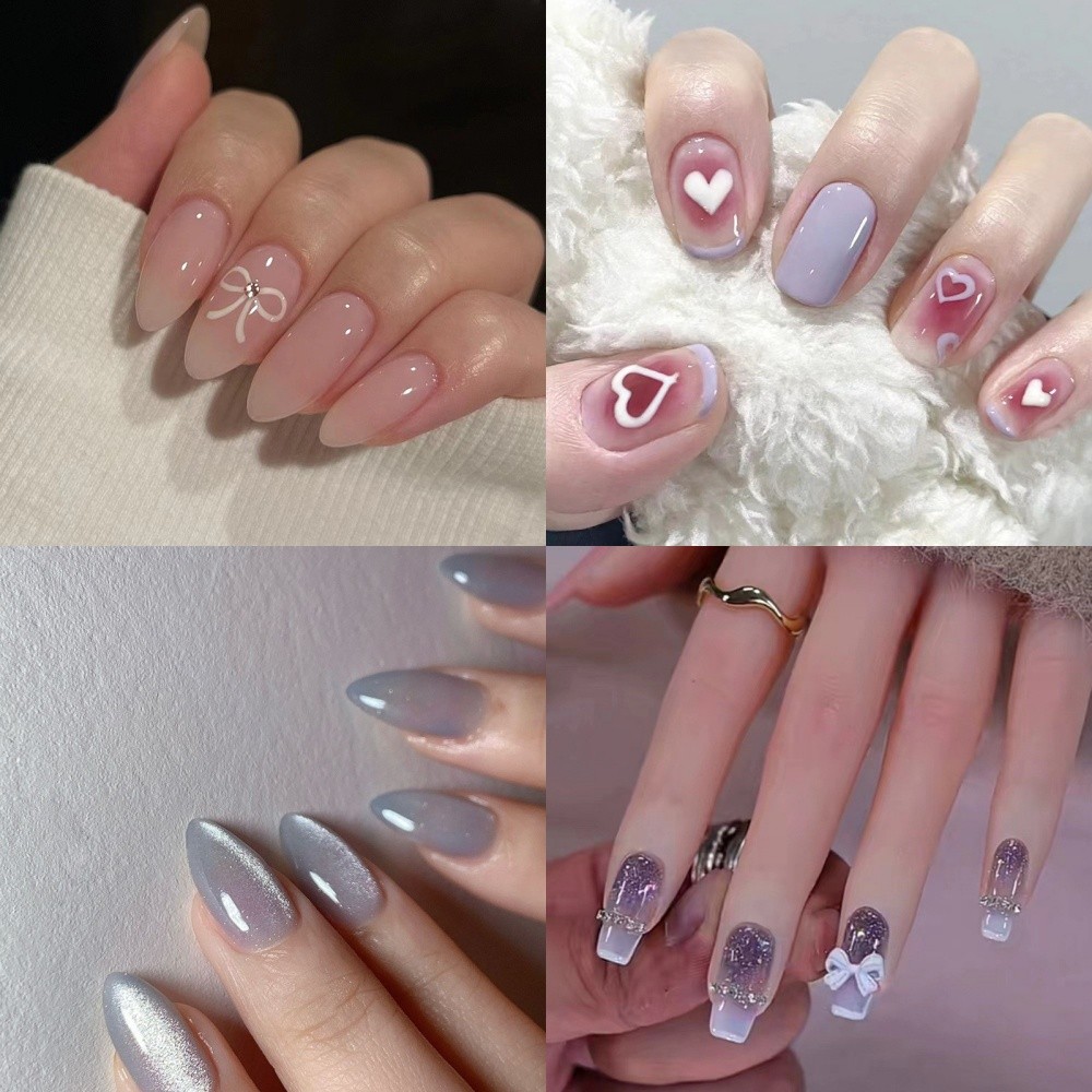 【WITH GLUE】24Pcs Fake Nails Pattern DIY Art Design False Nails Wearable Nails Stylish Pattern Artificial Nails. 