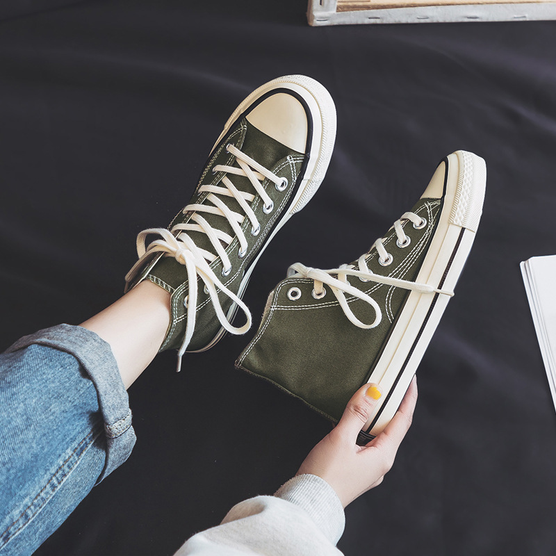 QiaoYiLuo New canvas shoes for female students 1970s high-top lace-up Korean style comfortable sneakers trendy sneakers trend