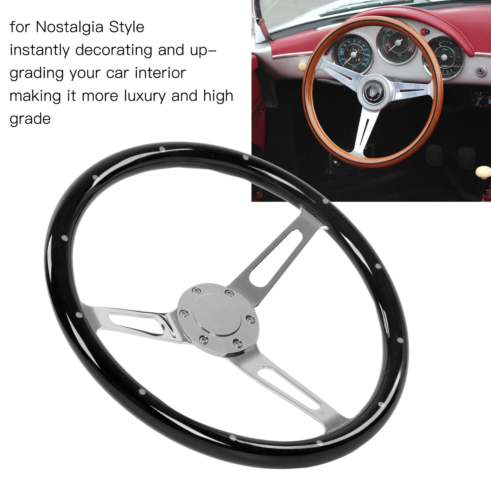 15" Wood Grain Nostalgia Steering Wheel – 380mm Classic 3 Spoke – Fits Chevy & Custom