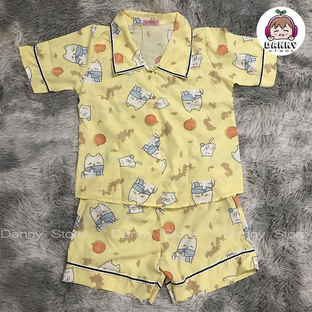 Đồ bộ Pijama ngắn, Đồ bộ lụa Mango họa tiết dễ thương cho nữ