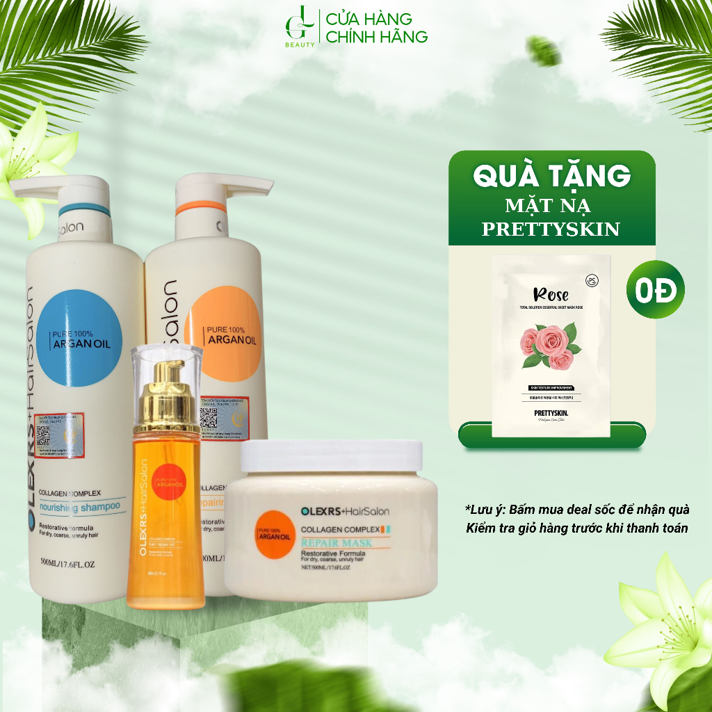 Combo dầu gội xả olexrs kèm kem ủ tóc và tinh dầu dưỡng giúp phục hồi tóc olexrs argan oil collagen hair salon