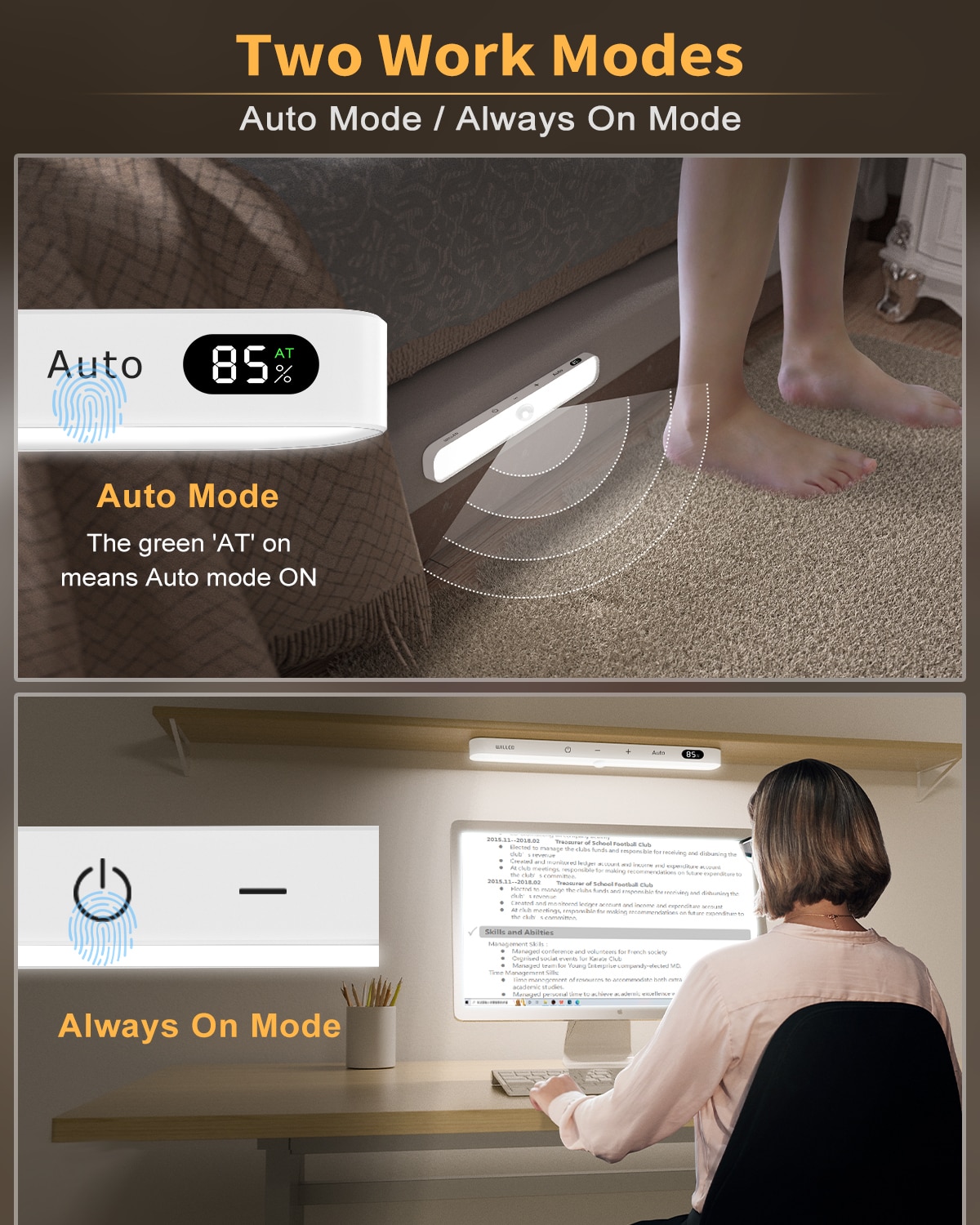 WILLED 2 Pack Motion Sensor Cabinet Light Battery Display 60 LED Touch Light Bar Wireless Rechargeable Battery Night Light