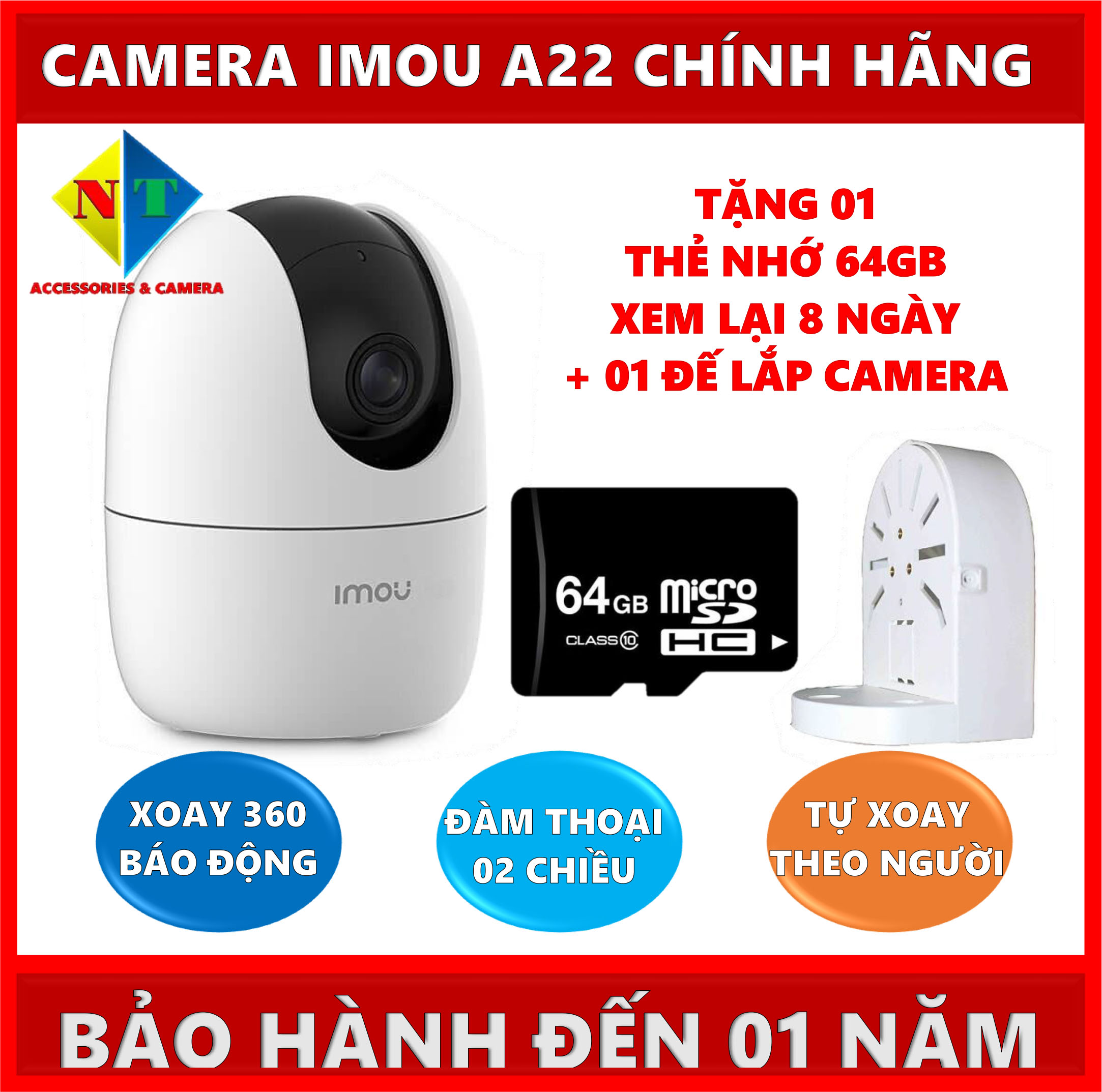 Camera Imou A22 Chính Hãng Độ Phân Giải 2.0Mpx Full HD 1080P Có Xoay 360 độ, Chuyển Động Theo Người Và Có Báo Động Chống Trộm, Tặng Thẻ Nhớ 64GB Và Đế Lắp