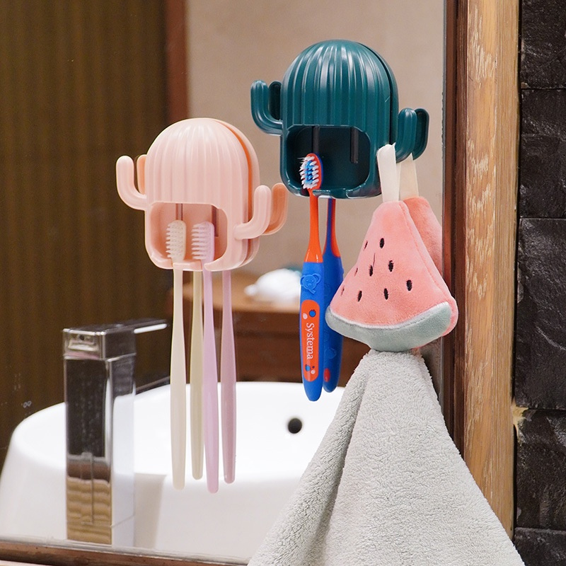 Creative Cactus Shape ABS Toothbrush Holder with Hooks Wall Mounted Toothbrush Storage Rack Bathroom Supplies