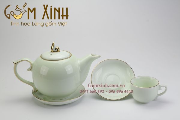Bộ ấm chén Bát Tràng Chóp lửa men xanh ngọc vàng kim