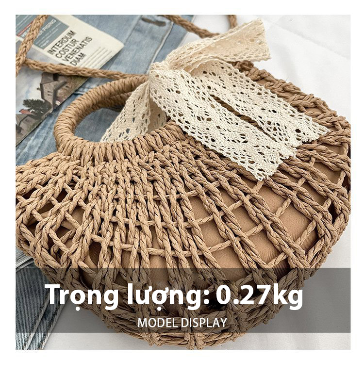 Túi cói bán nguyệt thắt nơ ren