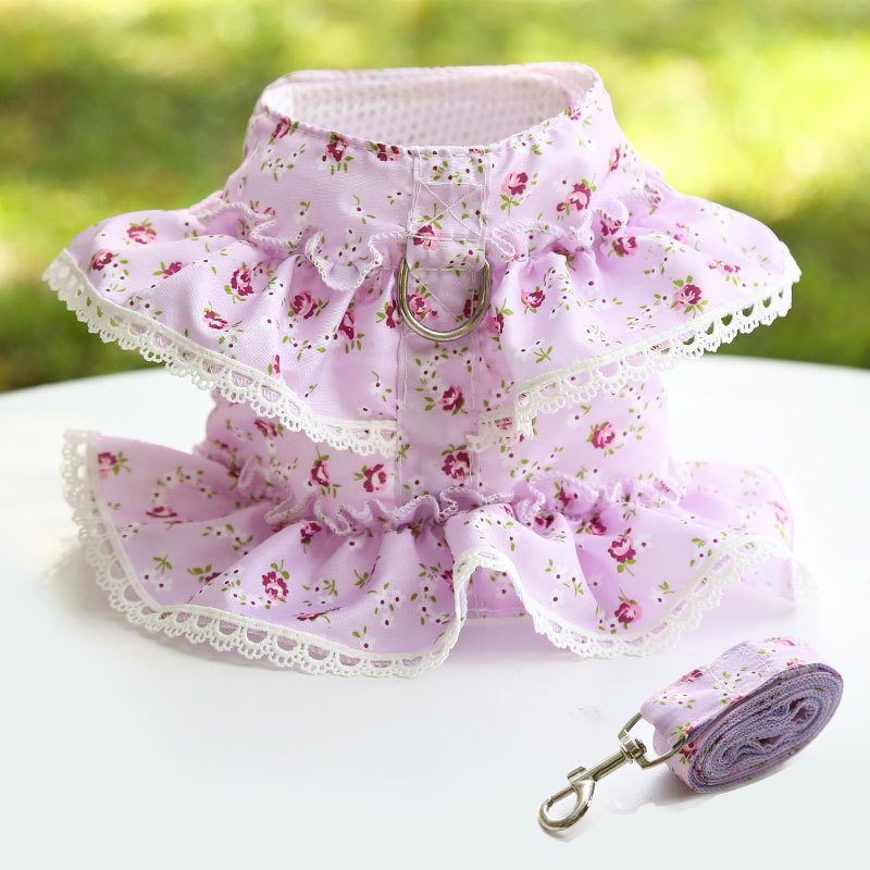 1.2M Pet Leash and Harness Set Dog Chain Dog Cat Harness Leash Set Adjustable Lace Floral Printed Pet Harness Vest Cute Dog Dress Pubby Mesh Harness Cat Walking Lead