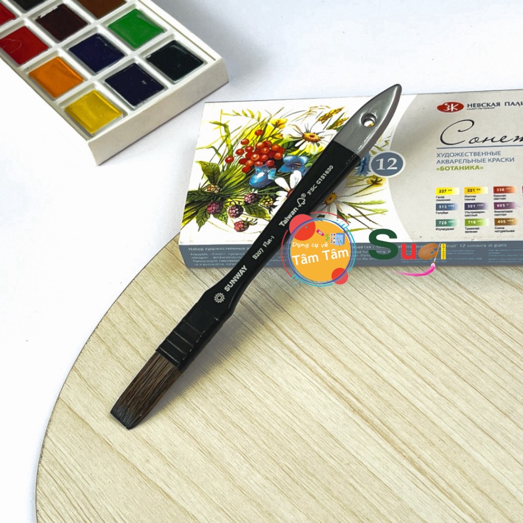 Cọ bản flat sunway b207 - 100% lông sóc thân đen đài loan - cọ bản tô màu nước cao cấp