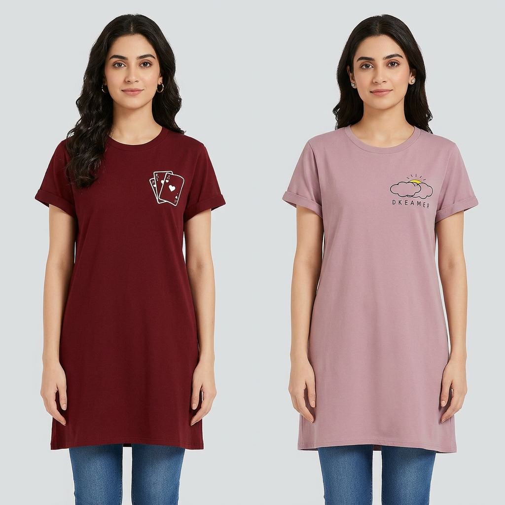 Aua N Co Pack Of Two Long Printed T Shirts For Women And Girls Comfortable Casual Everyday Basic Tops