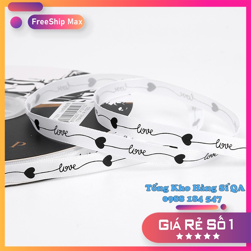 [Lẻ 5 mét] Ruy băng lụa size 1cm in hình Tim LOVE