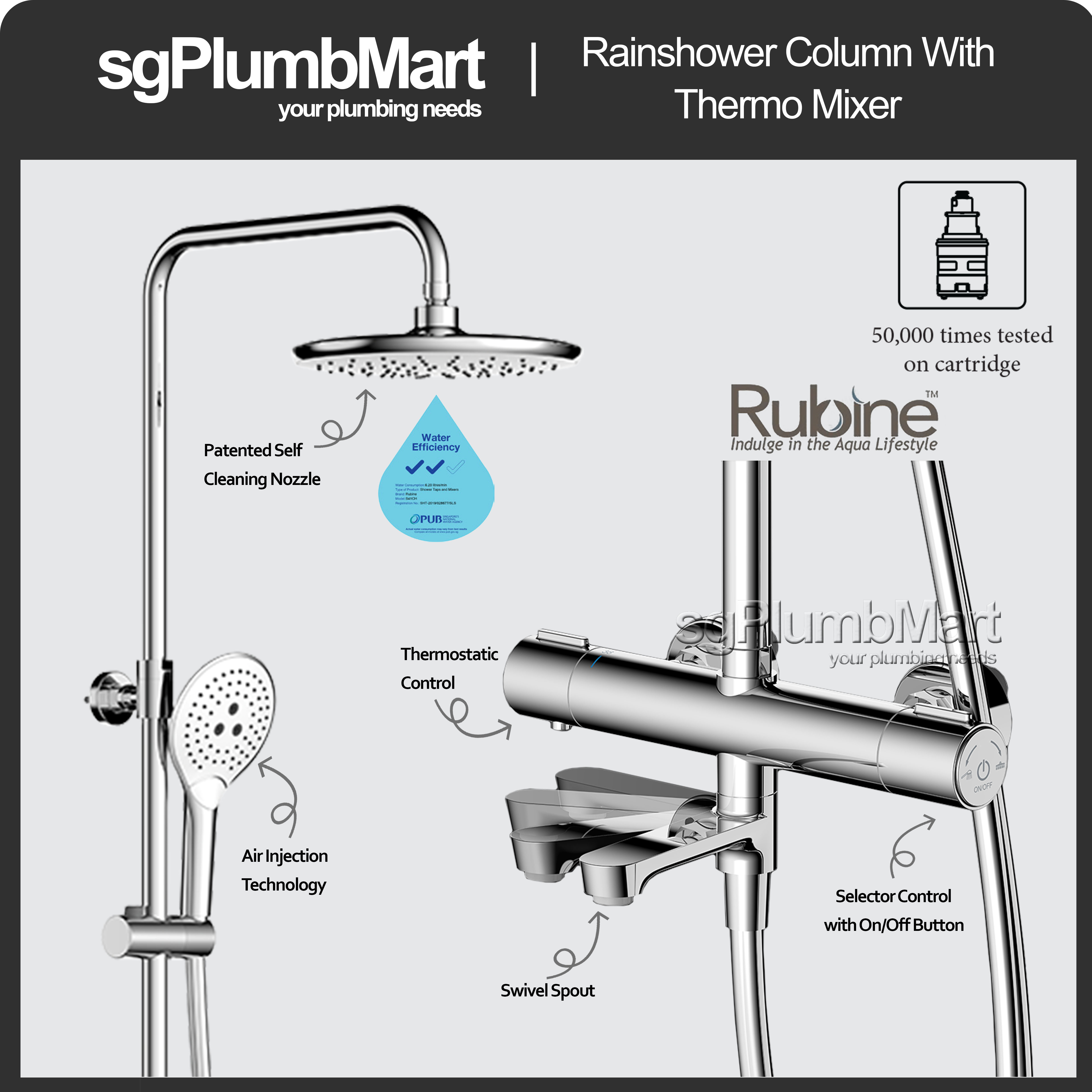 Rubine x sgPlumbMart Brass Chrome Rain Shower Set With Thermostatic